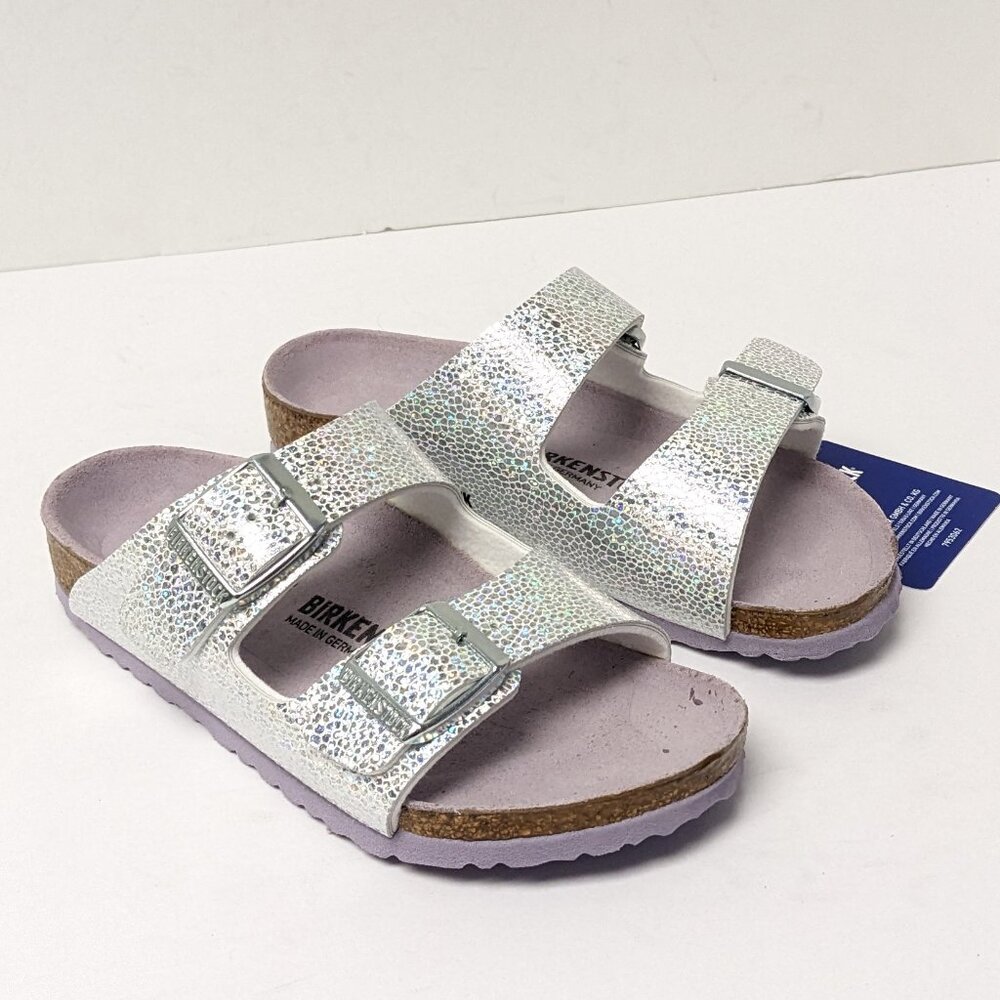 Birkenstock Arizona Slide Sandals, Silver/Purple, Little Kids 11 Narrow (EU 29)
